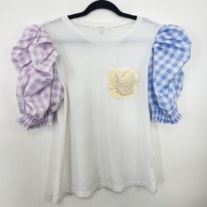 Pastel White Top With Purple And Blue Gingham Sleeves